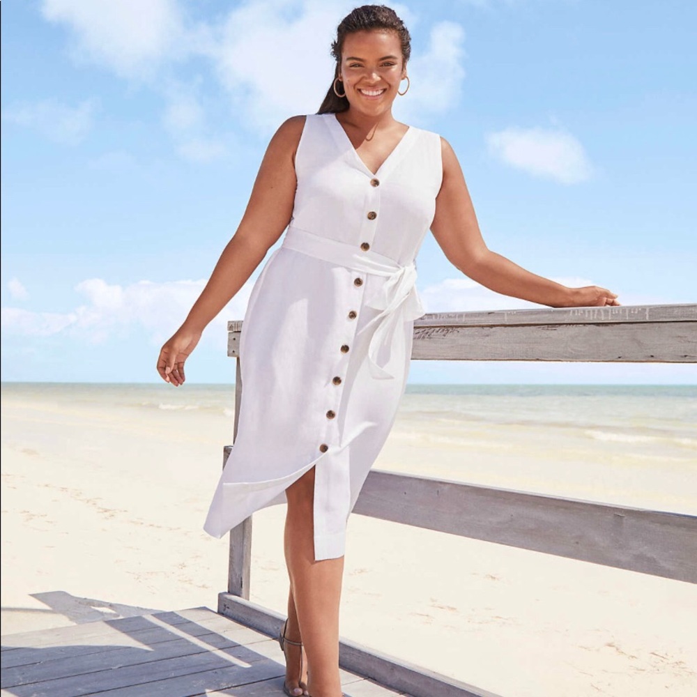 Tall Linen Blend Button Tie Waist Dress